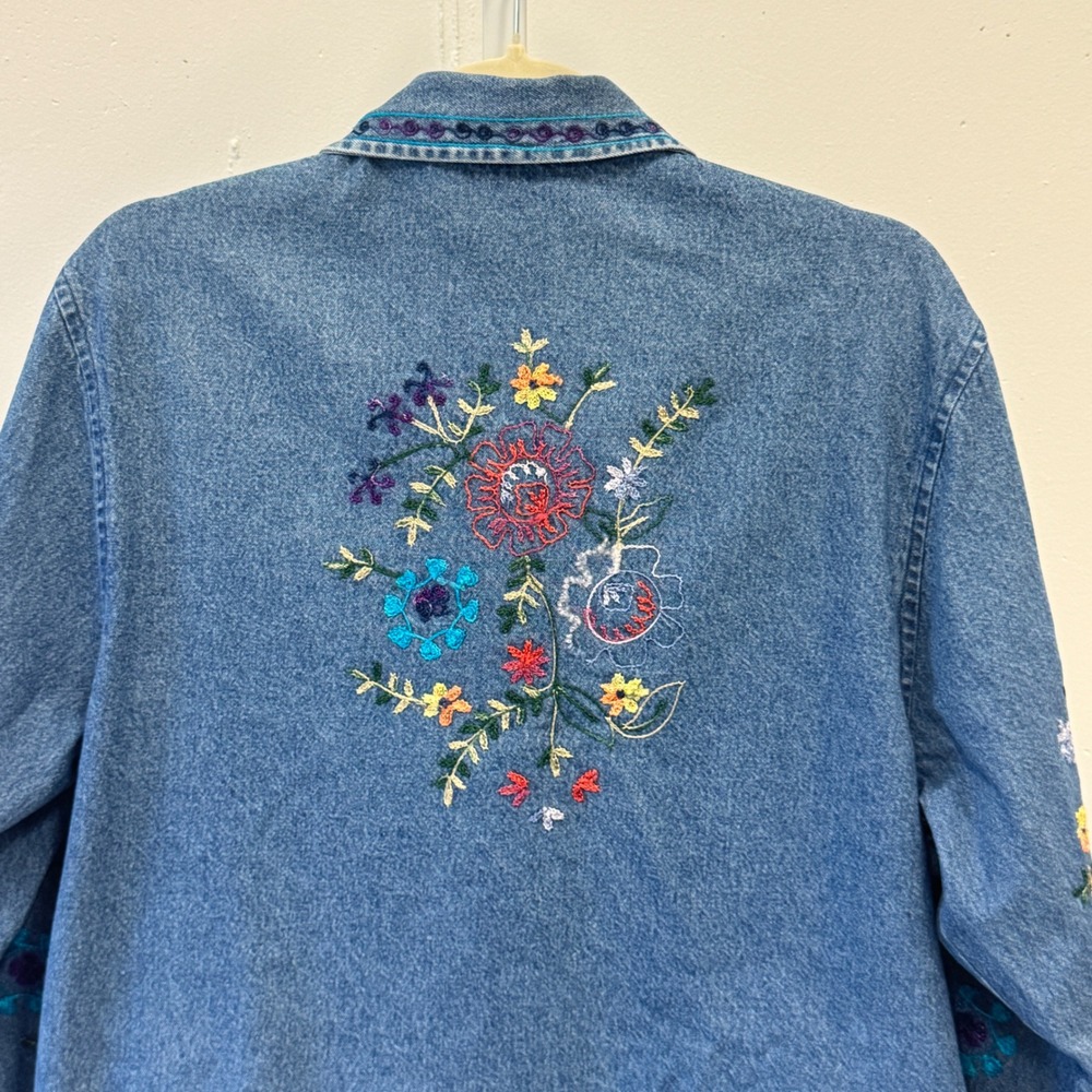 Vintage Tantrums Floral Embroidered Denim Jacket Medium Boho Cottagecore - Picture 7 of 9